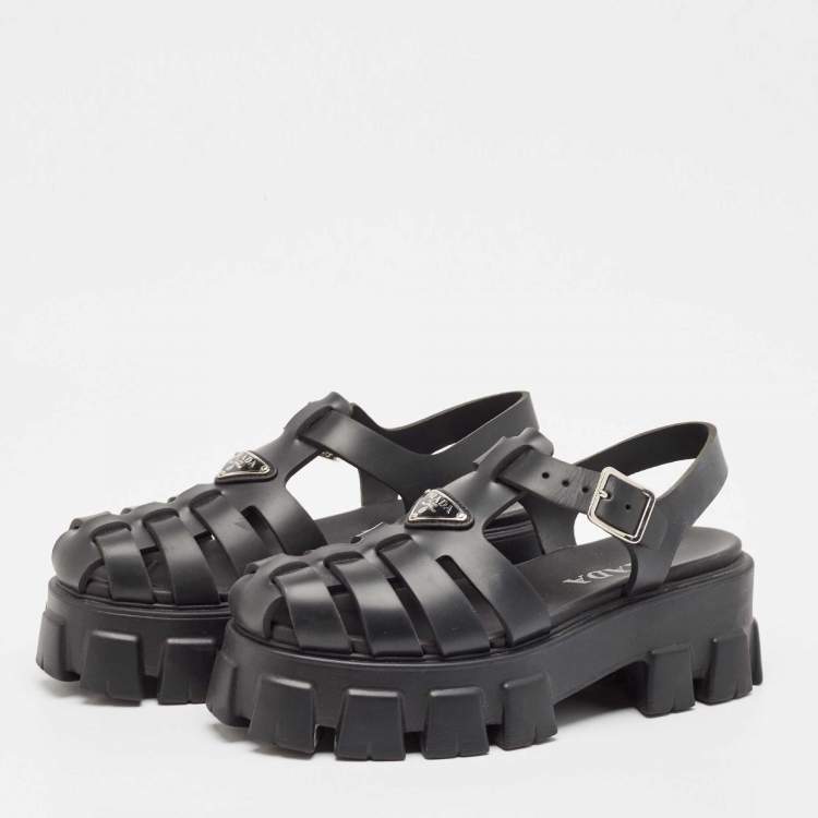 Pre Owned Prada Black Rubber Monolith Ankle Strap Sandals Size 39