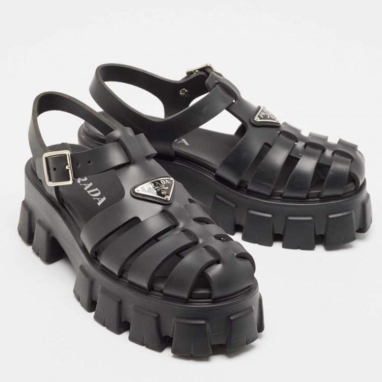 Pre Owned Prada Black Rubber Monolith Ankle Strap Sandals Size 39