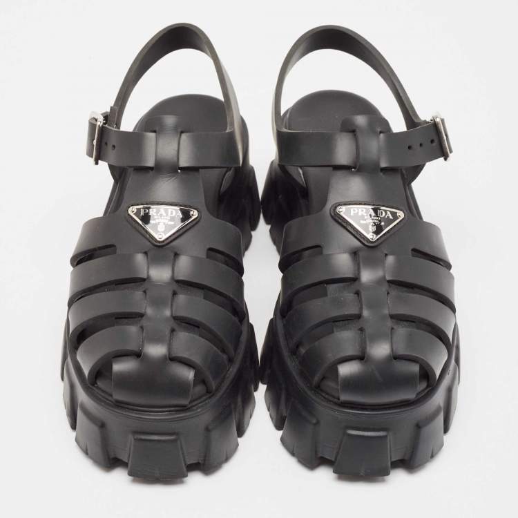 Pre Owned Prada Black Rubber Monolith Ankle Strap Sandals Size 39
