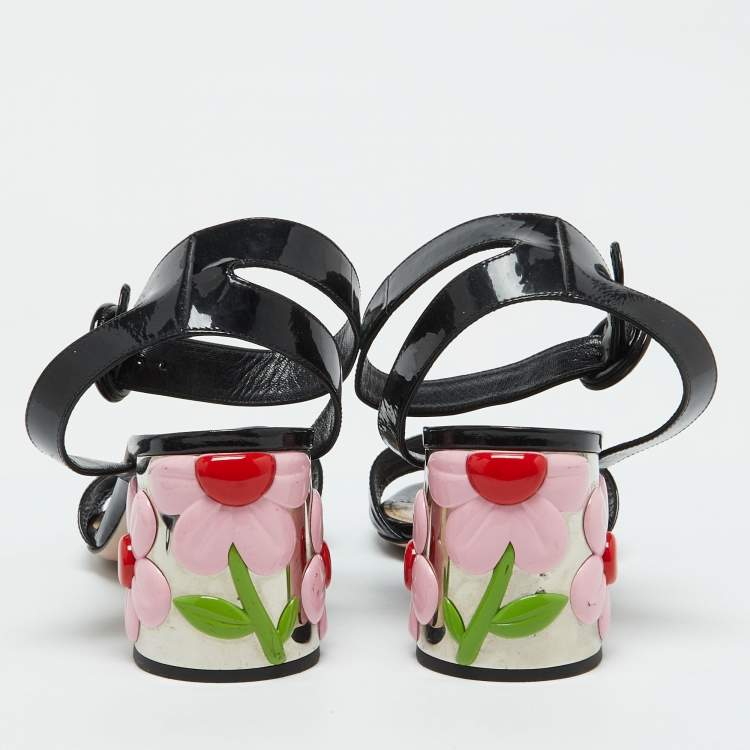 Pre Owned Prada Black Patent Leather Ankle Strap Floral Block Heel Sandals Size 39