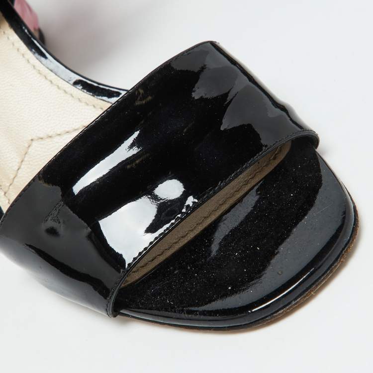 Pre Owned Prada Black Patent Leather Ankle Strap Floral Block Heel Sandals Size 39