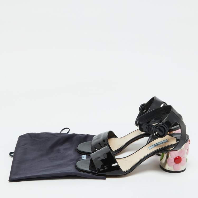 Pre Owned Prada Black Patent Leather Ankle Strap Floral Block Heel Sandals Size 39