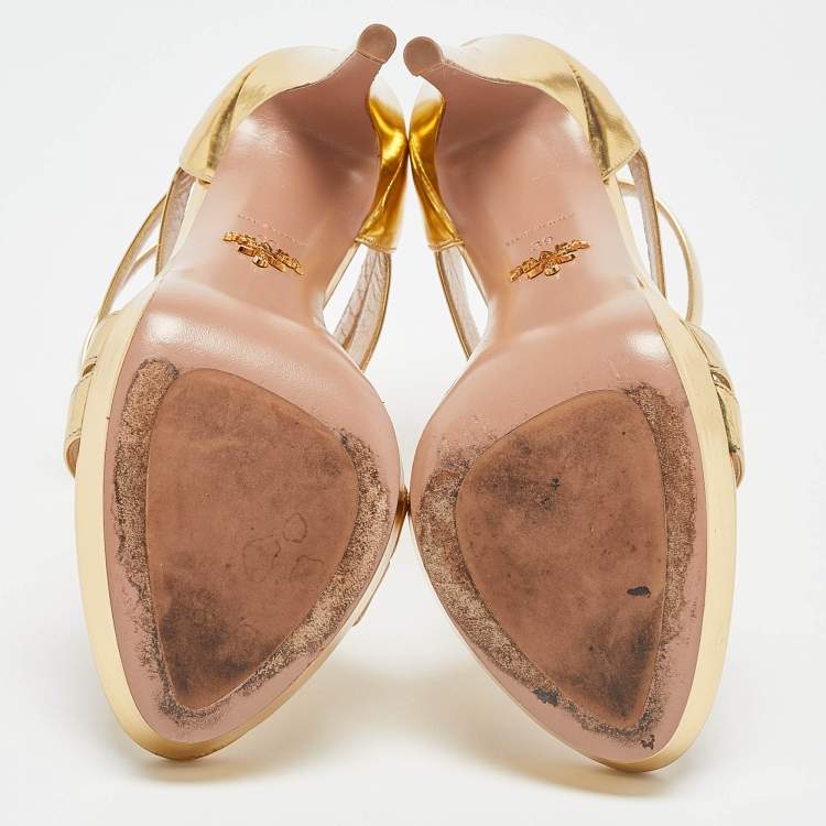 Pre Owned Prada Gold Leather Platform Ankle Strap Sandals Size 39