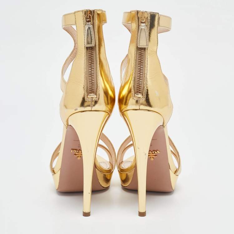Pre Owned Prada Gold Leather Platform Ankle Strap Sandals Size 39