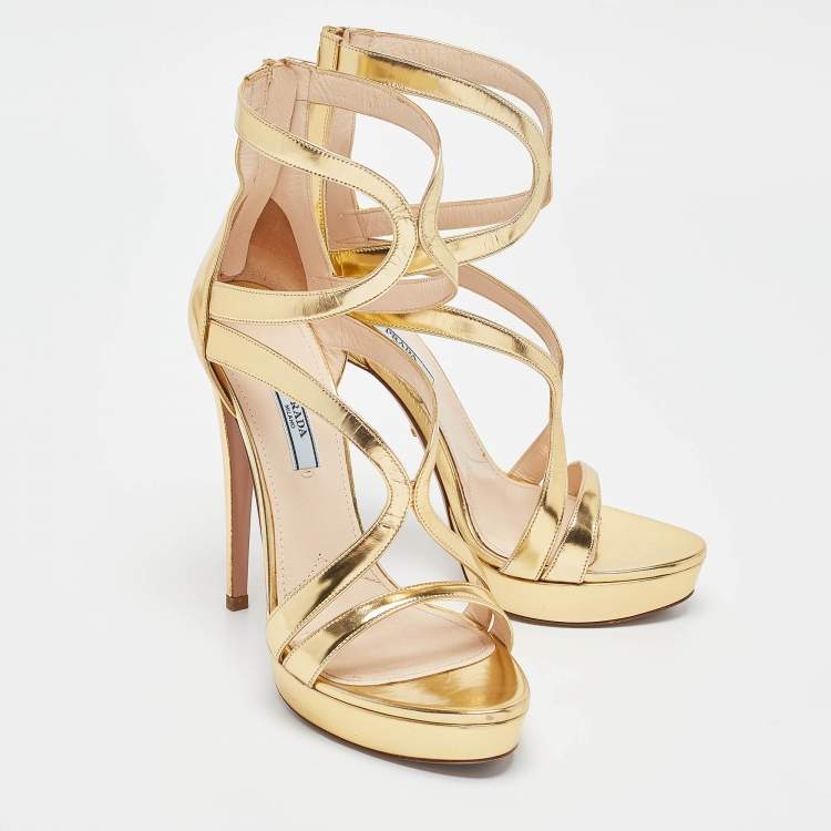 Pre Owned Prada Gold Leather Platform Ankle Strap Sandals Size 39