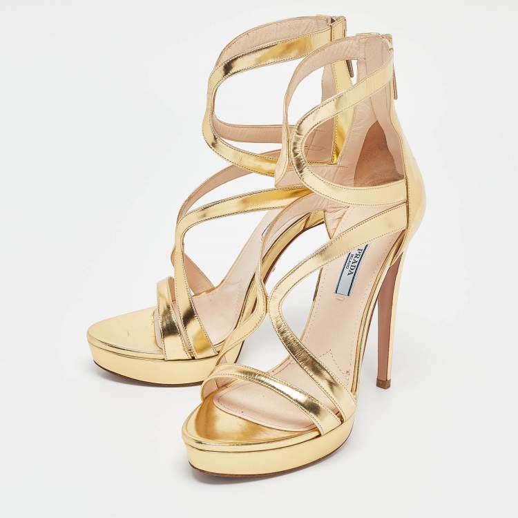 Pre Owned Prada Gold Leather Platform Ankle Strap Sandals Size 39
