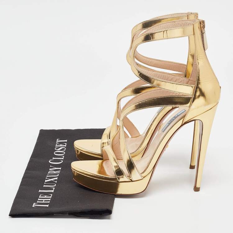 Pre Owned Prada Gold Leather Platform Ankle Strap Sandals Size 39