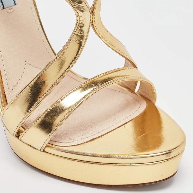 Pre Owned Prada Gold Leather Platform Ankle Strap Sandals Size 39