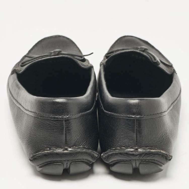 Pre Owned Prada Black Leather Bow Logo Embellished Slip On Loafers Size 39