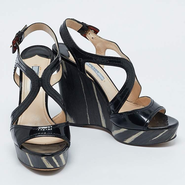Pre Owned Prada Black Patent Leather Wooden Wedge Ankle Strap Sandals Size 37
