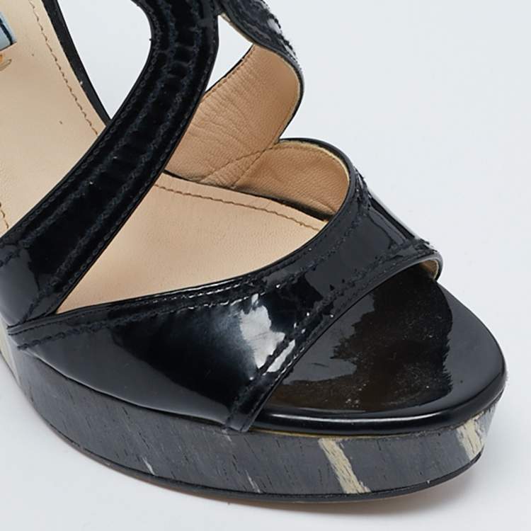 Pre Owned Prada Black Patent Leather Wooden Wedge Ankle Strap Sandals Size 37
