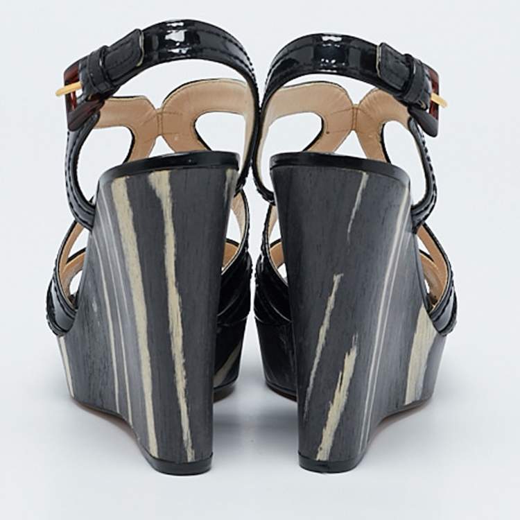 Pre Owned Prada Black Patent Leather Wooden Wedge Ankle Strap Sandals Size 37