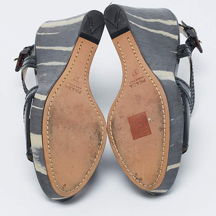 Pre Owned Prada Black Patent Leather Wooden Wedge Ankle Strap Sandals Size 37