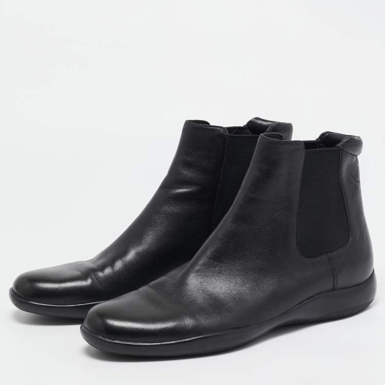 Pre Owned Prada Black Leather Ankle Length Chelsea Boots Size 37