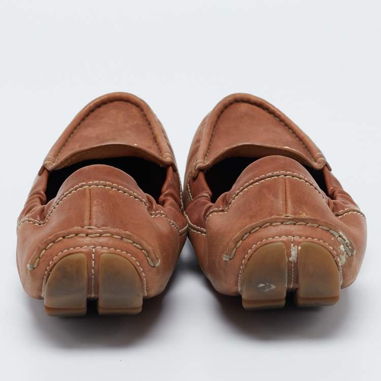 Pre Owned Prada Brown Leather Scrunch Slip On Loafers Size 37