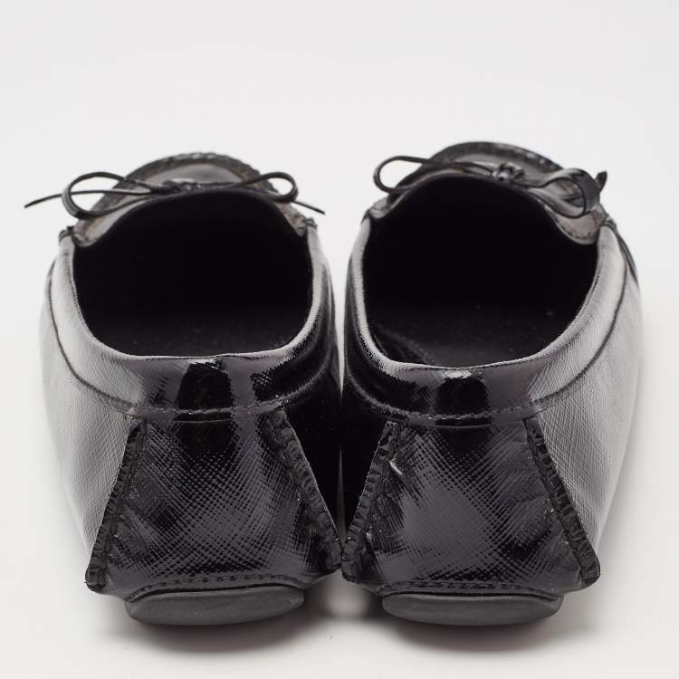 Pre Owned Prada Black Patent Leather Logo Bow Loafers Size 37  