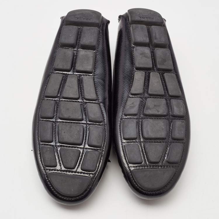 Pre Owned Prada Black Patent Leather Logo Bow Loafers Size 37  
