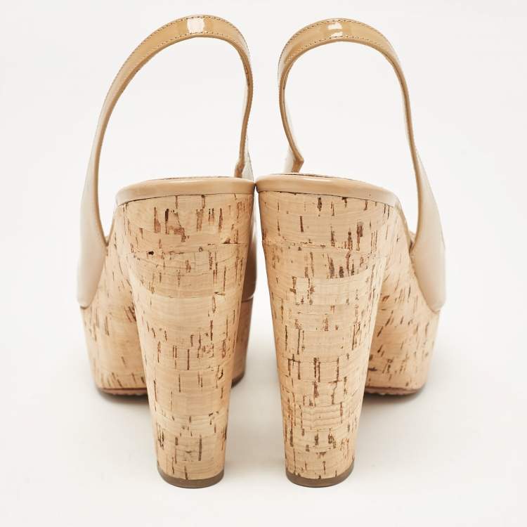Pre Owned Prada Beige Patent Leather Open Toe Cork Platform Slingback Sandals Size 38