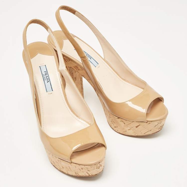 Pre Owned Prada Beige Patent Leather Open Toe Cork Platform Slingback Sandals Size 38