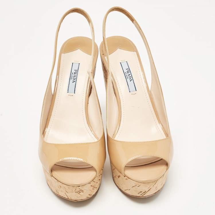 Pre Owned Prada Beige Patent Leather Open Toe Cork Platform Slingback Sandals Size 38