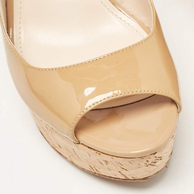 Pre Owned Prada Beige Patent Leather Open Toe Cork Platform Slingback Sandals Size 38