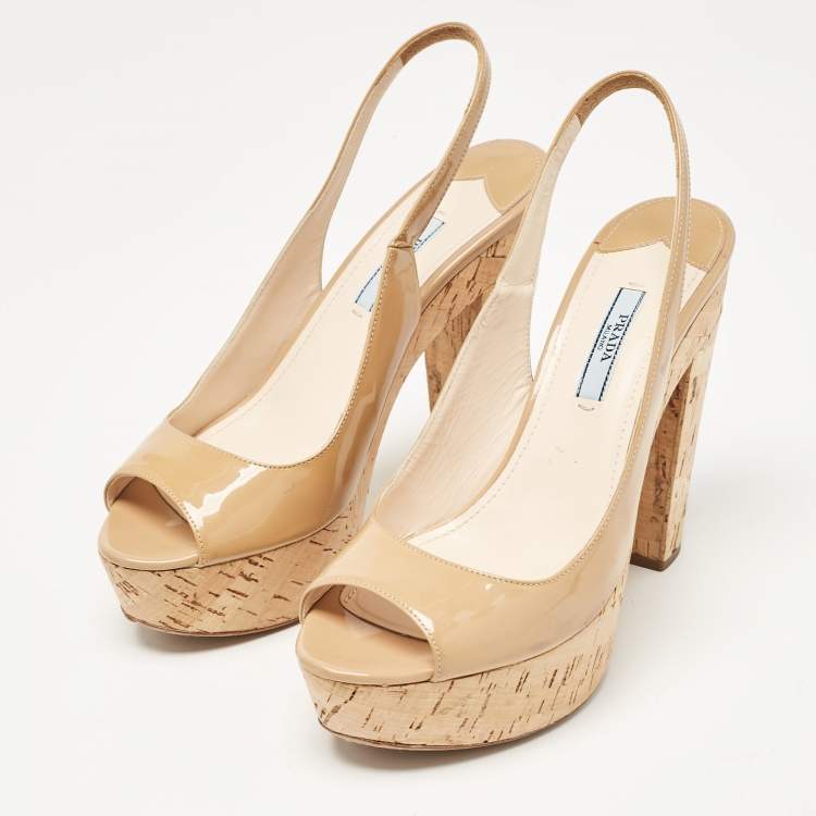 Pre Owned Prada Beige Patent Leather Open Toe Cork Platform Slingback Sandals Size 38