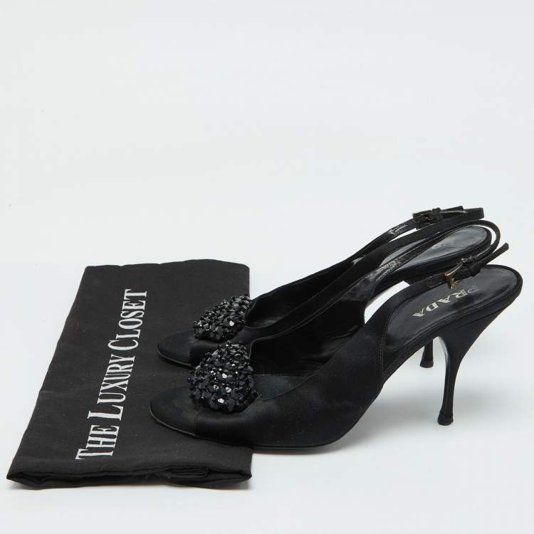 Pre Owned Prada Black Satin Beaded Accents Slingback Pumps Size 39.5