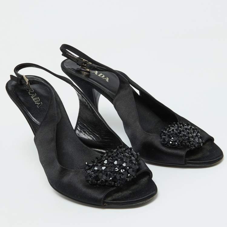 Pre Owned Prada Black Satin Beaded Accents Slingback Pumps Size 39.5
