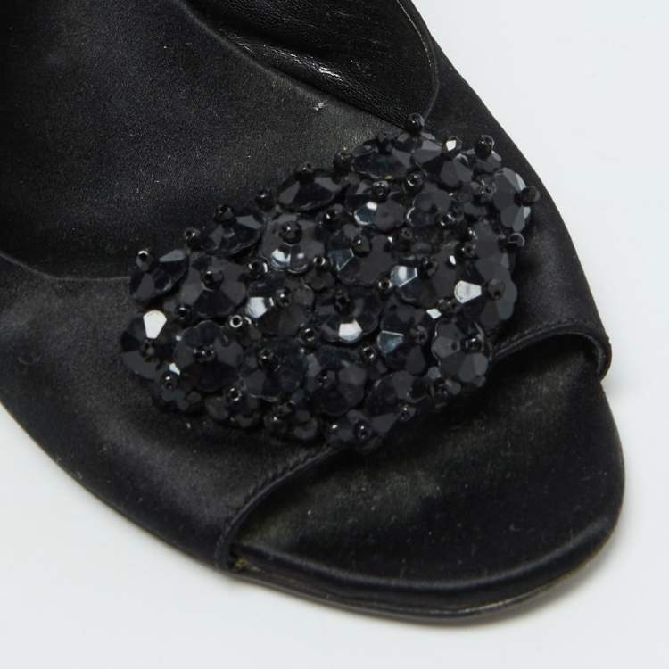 Pre Owned Prada Black Satin Beaded Accents Slingback Pumps Size 39.5