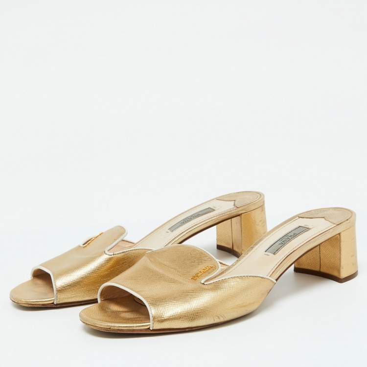 Pre Owned Prada Gold Saffiano Leather Block Heel Slide Sandals Size 39