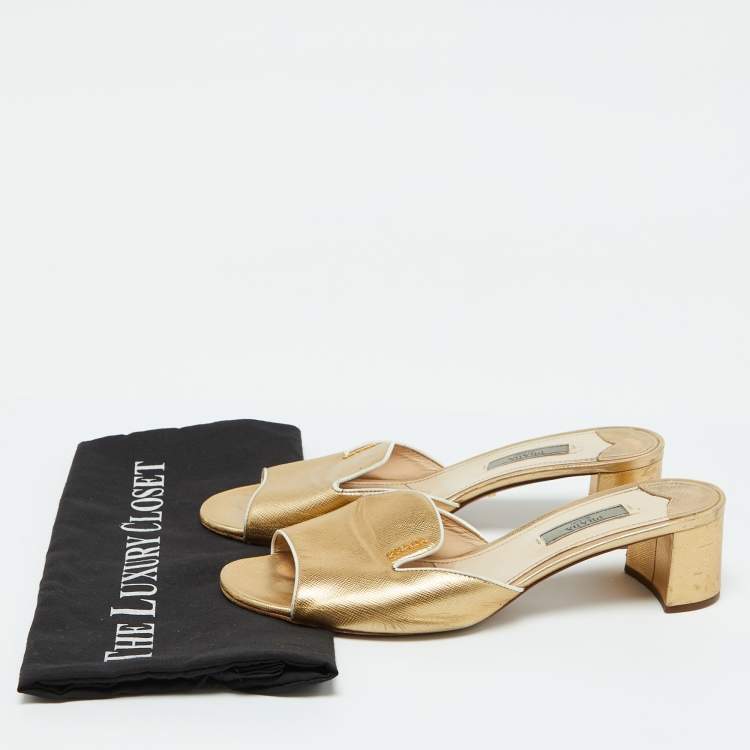 Pre Owned Prada Gold Saffiano Leather Block Heel Slide Sandals Size 39