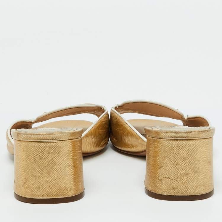 Pre Owned Prada Gold Saffiano Leather Block Heel Slide Sandals Size 39