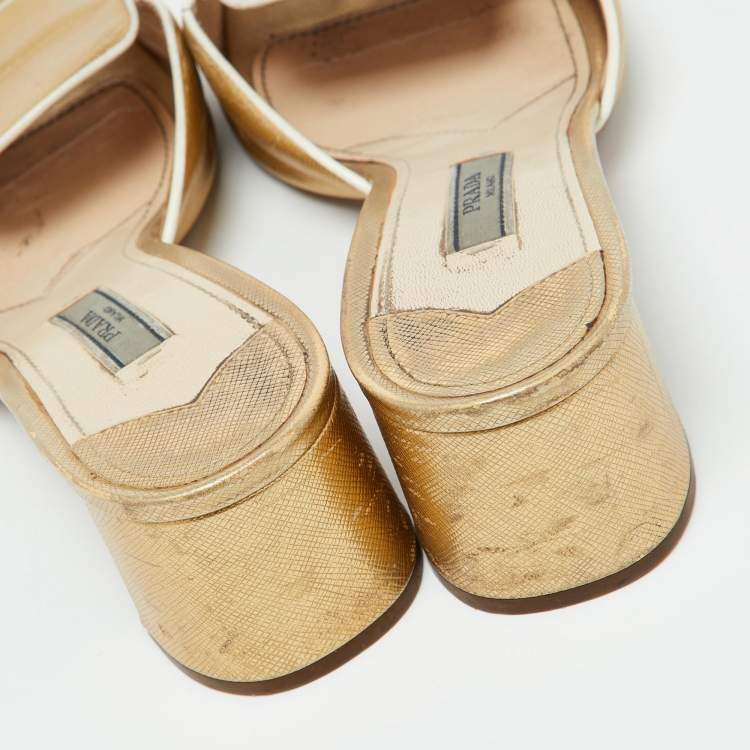 Pre Owned Prada Gold Saffiano Leather Block Heel Slide Sandals Size 39