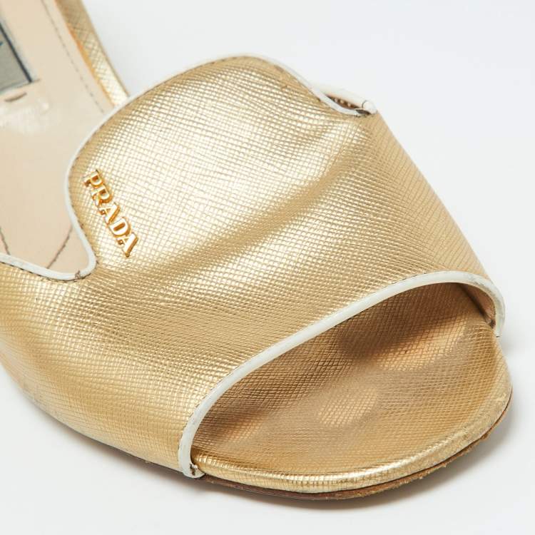 Pre Owned Prada Gold Saffiano Leather Block Heel Slide Sandals Size 39