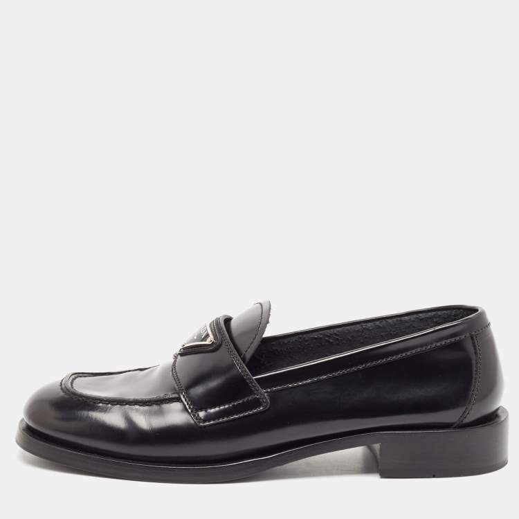 Pre Owned Prada Black Brushed Leather Slip On Loafers Size 38