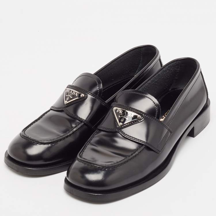 Pre Owned Prada Black Brushed Leather Slip On Loafers Size 38