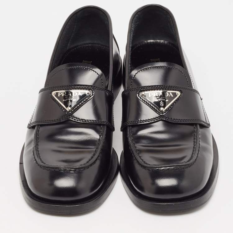 Pre Owned Prada Black Brushed Leather Slip On Loafers Size 38