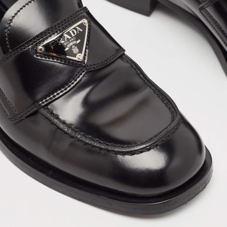Pre Owned Prada Black Brushed Leather Slip On Loafers Size 38
