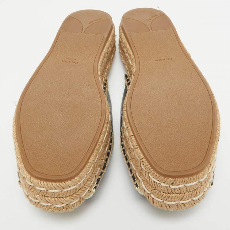 Pre Owned Prada Navy Blue Saffiano Leather Espadrille Platform Slides Size 38.5