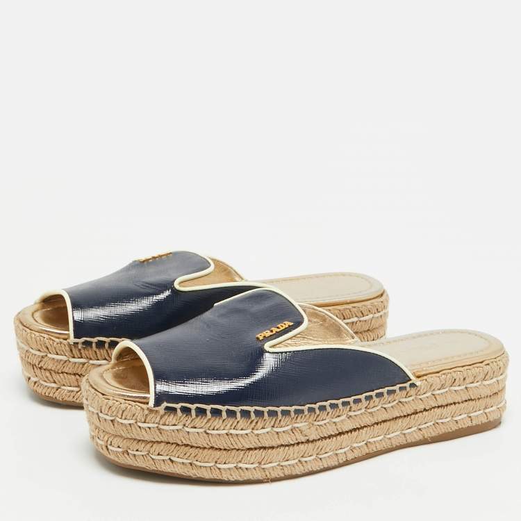 Pre Owned Prada Navy Blue Saffiano Leather Espadrille Platform Slides Size 38.5