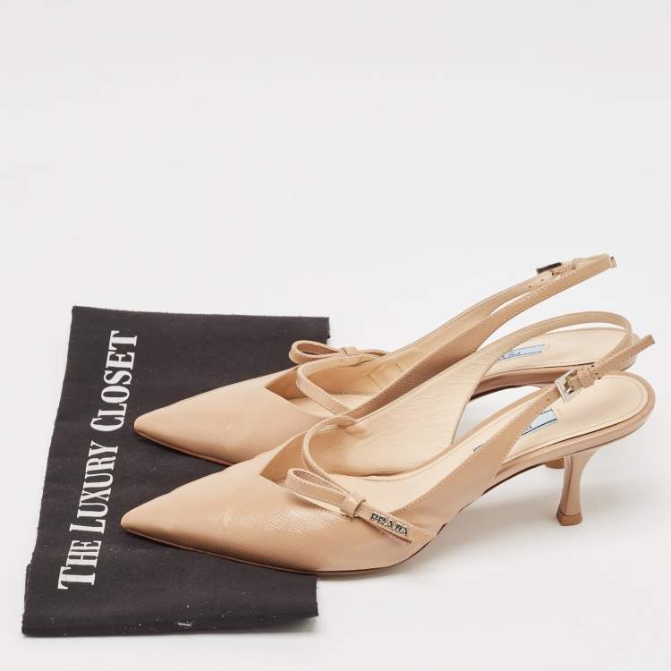 Pre Owned Prada Beige Patent Leather Bow Slingback Pumps Size 40