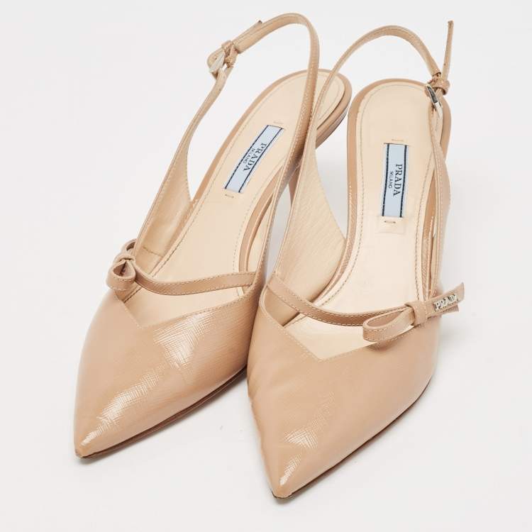 Pre Owned Prada Beige Patent Leather Bow Slingback Pumps Size 40
