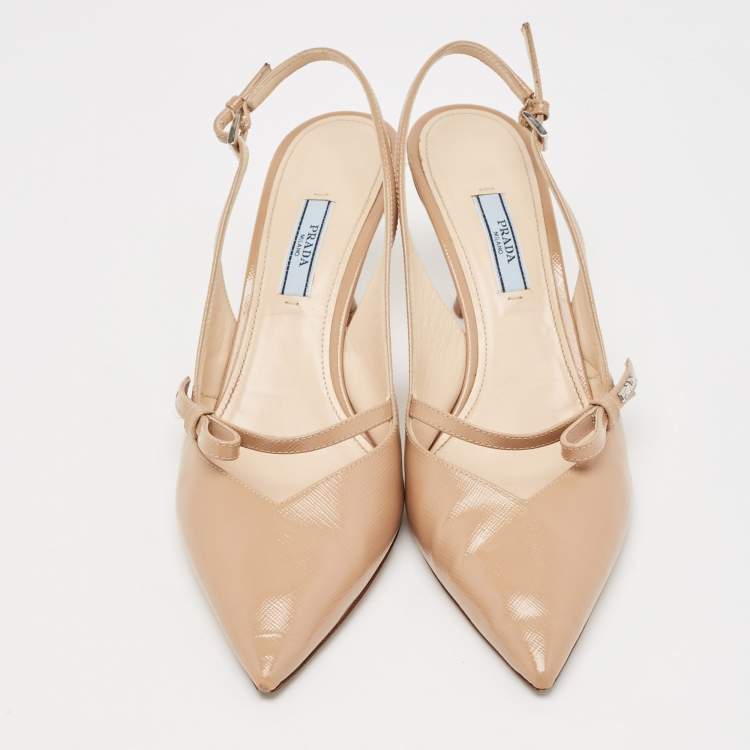 Pre Owned Prada Beige Patent Leather Bow Slingback Pumps Size 40