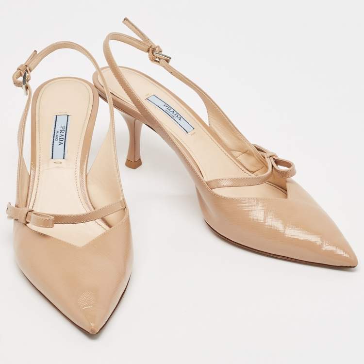 Pre Owned Prada Beige Patent Leather Bow Slingback Pumps Size 40