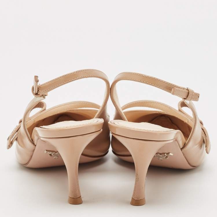 Pre Owned Prada Beige Patent Leather Bow Slingback Pumps Size 40
