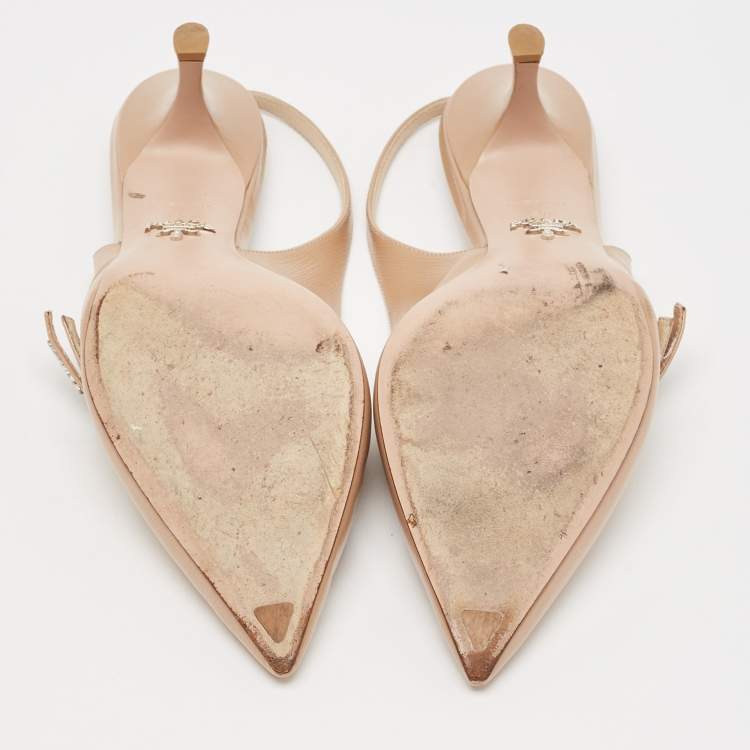Pre Owned Prada Beige Patent Leather Bow Slingback Pumps Size 40