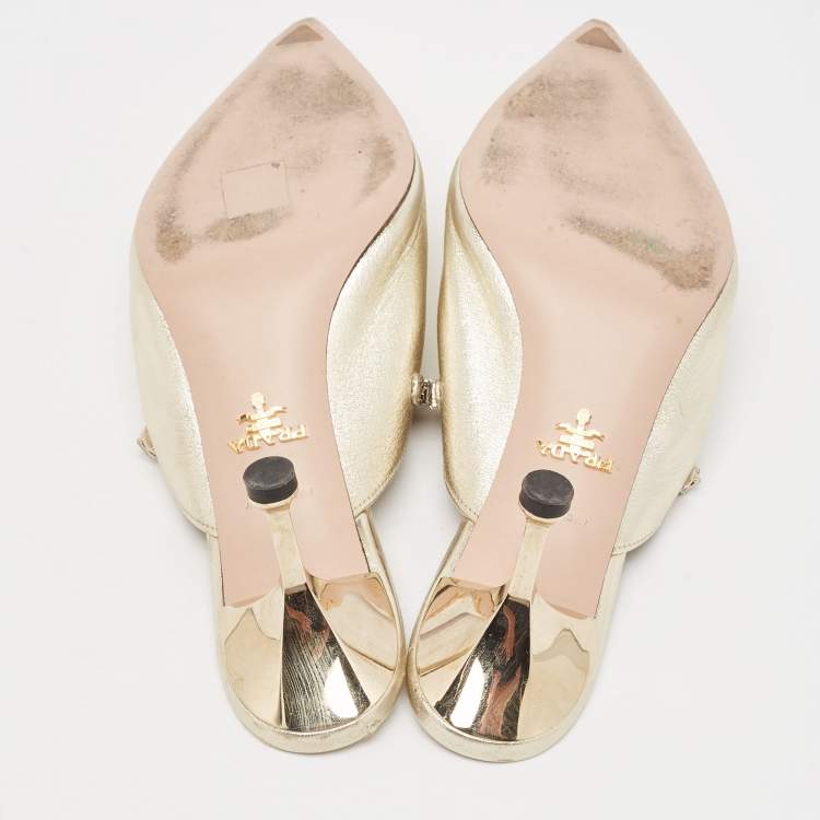 Pre Owned Prada Gold Leather Crystal Embellished Mules Size 40