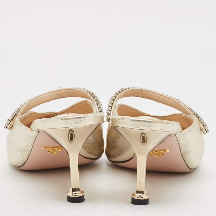 Pre Owned Prada Gold Leather Crystal Embellished Mules Size 40