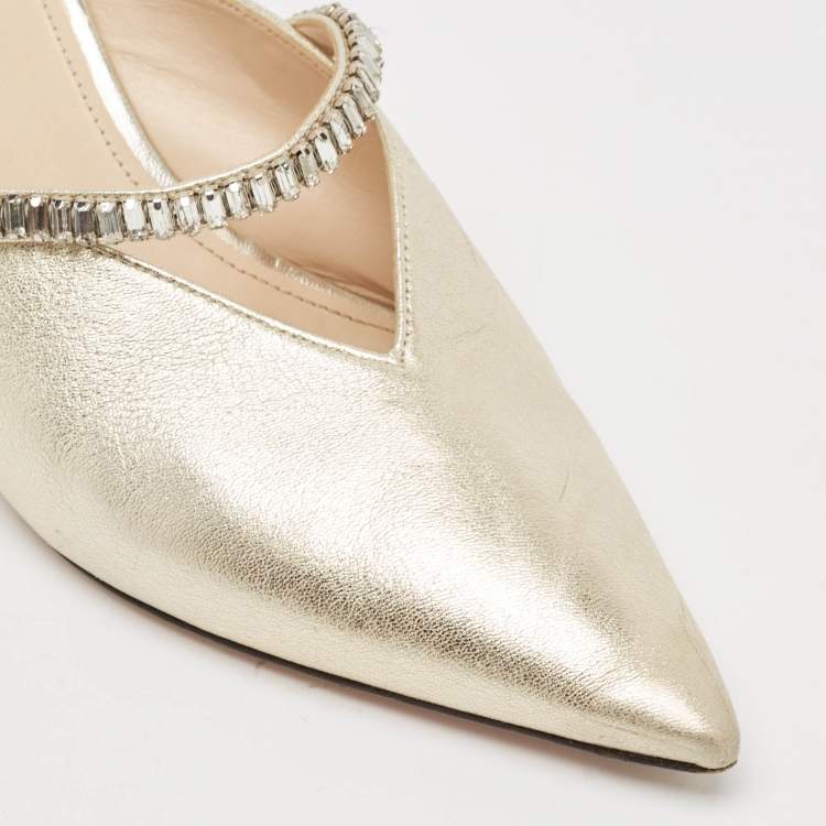Pre Owned Prada Gold Leather Crystal Embellished Mules Size 40