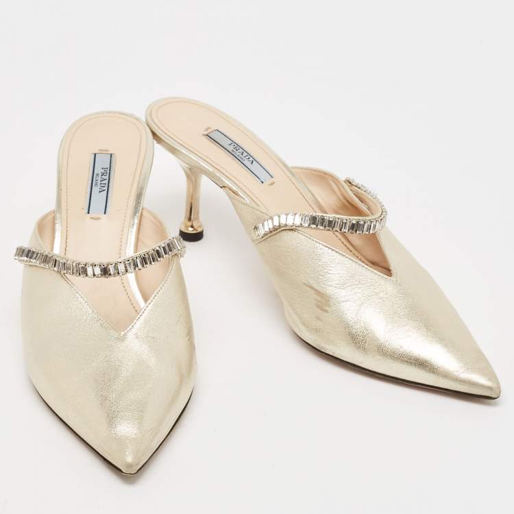 Pre Owned Prada Gold Leather Crystal Embellished Mules Size 40